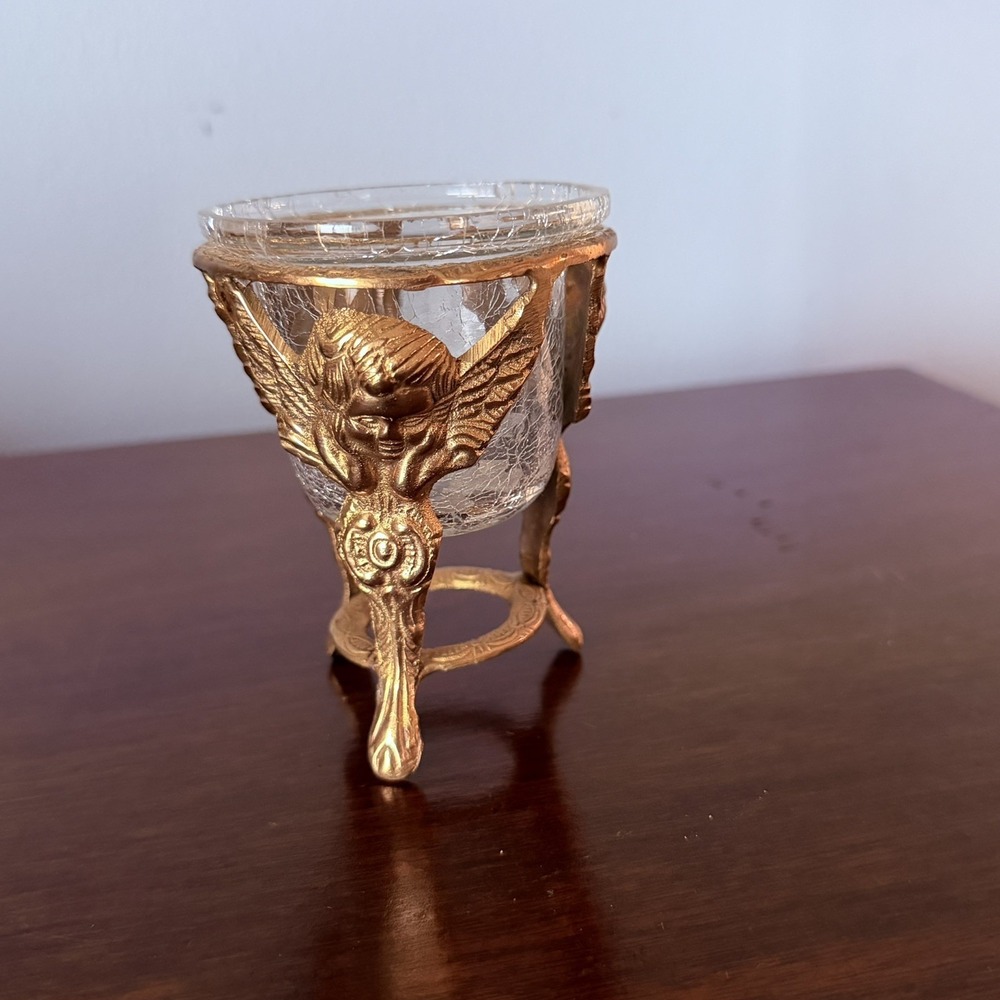 Vintage Brass Cherub Angel Crackle Glass Bowl Candle Holder Hollywood Regency